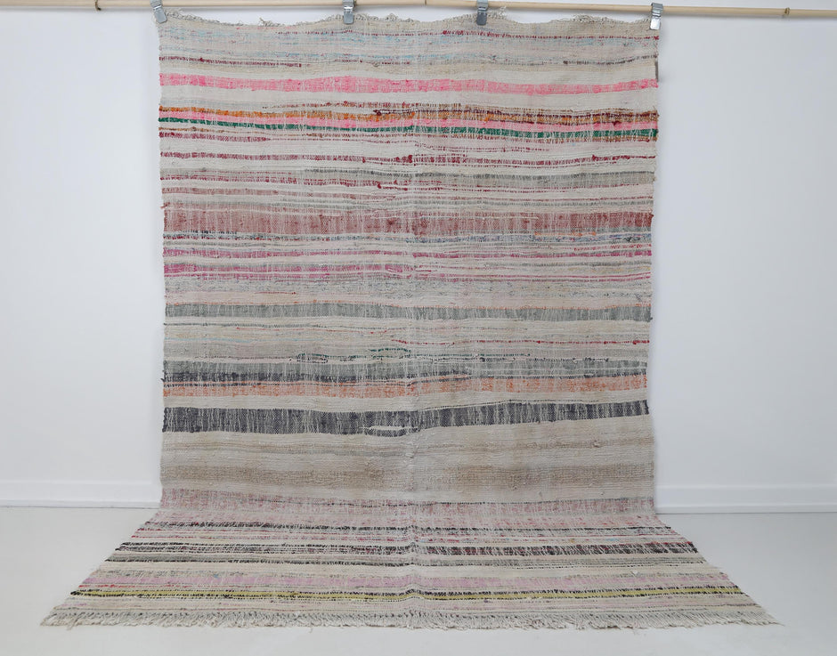 6x8 Vintage Kilim Caput Rug, Multicolor Striped Turkish Flatweave Rug, Handmade Wool Cotton Area Rug