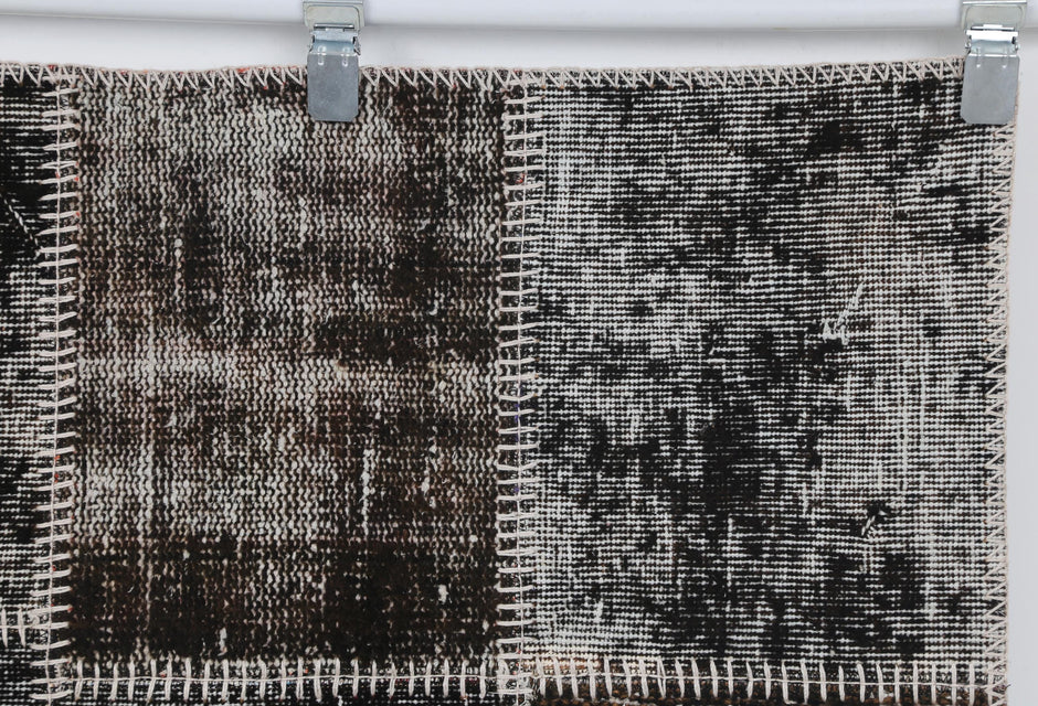 4x6 Vintage Turkish Patchwork Tapestry Rug, Black Brown Wool Cotton Textile Wall Hanging, Woven Wall Art