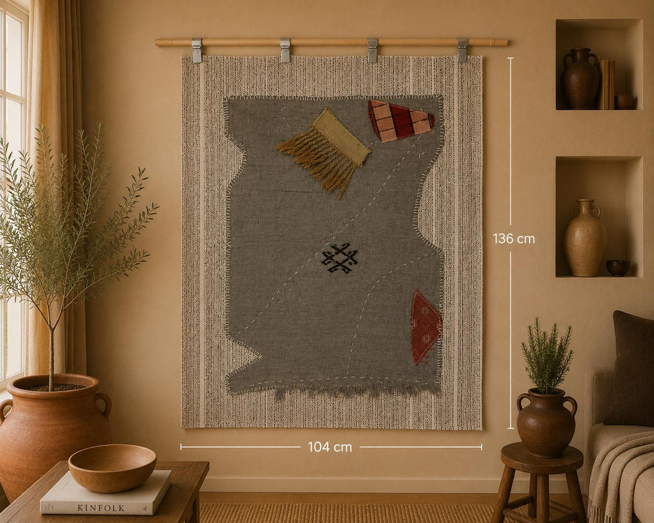 3x4 Vintage Hemp Tapestry Rug, Gray Textile Wall Hanging, Handmade Minimalist Fiber Art Decor