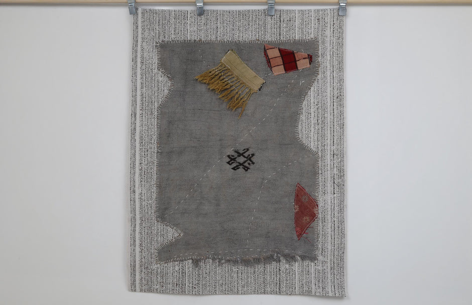 3x4 Vintage Hemp Tapestry Rug, Gray Textile Wall Hanging, Handmade Minimalist Fiber Art Decor