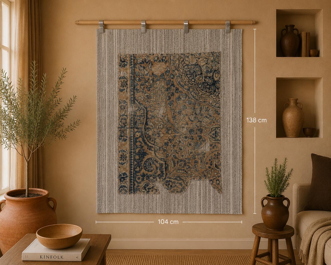 3x4 Vintage Turkish Tapestry Rug, Blue and Beige Floral Wall Hanging, Handmade Wool Cotton Textile Art