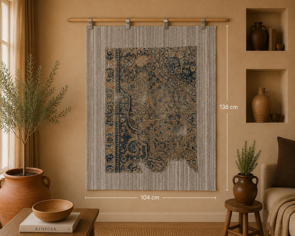 3x4 Vintage Turkish Tapestry Rug, Blue and Beige Floral Wall Hanging, Handmade Wool Cotton Textile Art