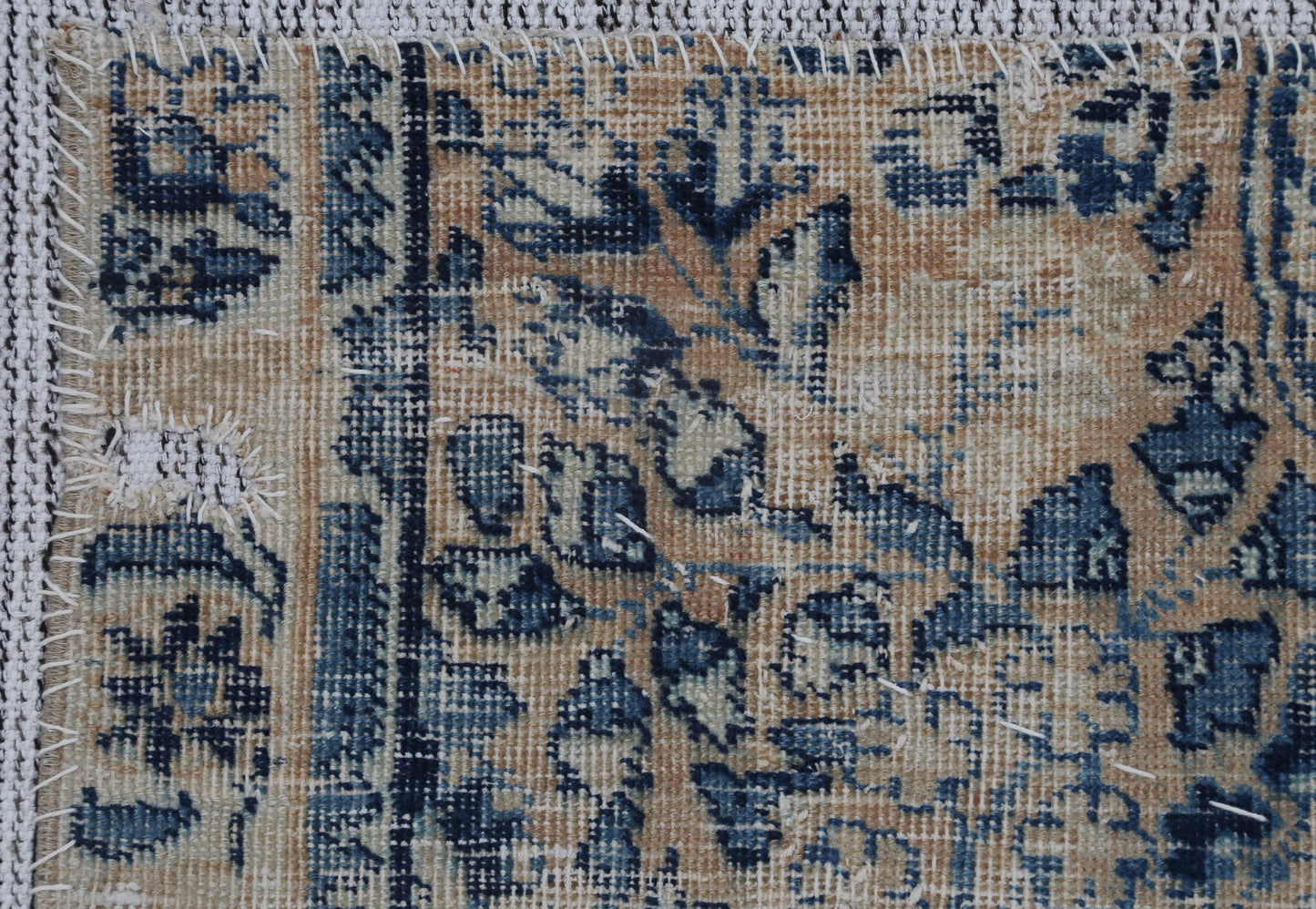 3x4 Vintage Turkish Tapestry Rug, Blue and Beige Floral Wall Hanging, Handmade Wool Cotton Textile Art