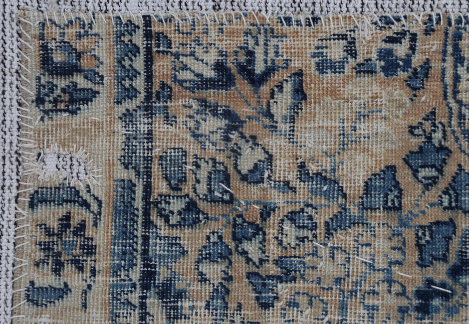 3x4 Vintage Turkish Tapestry Rug, Blue and Beige Floral Wall Hanging, Handmade Wool Cotton Textile Art