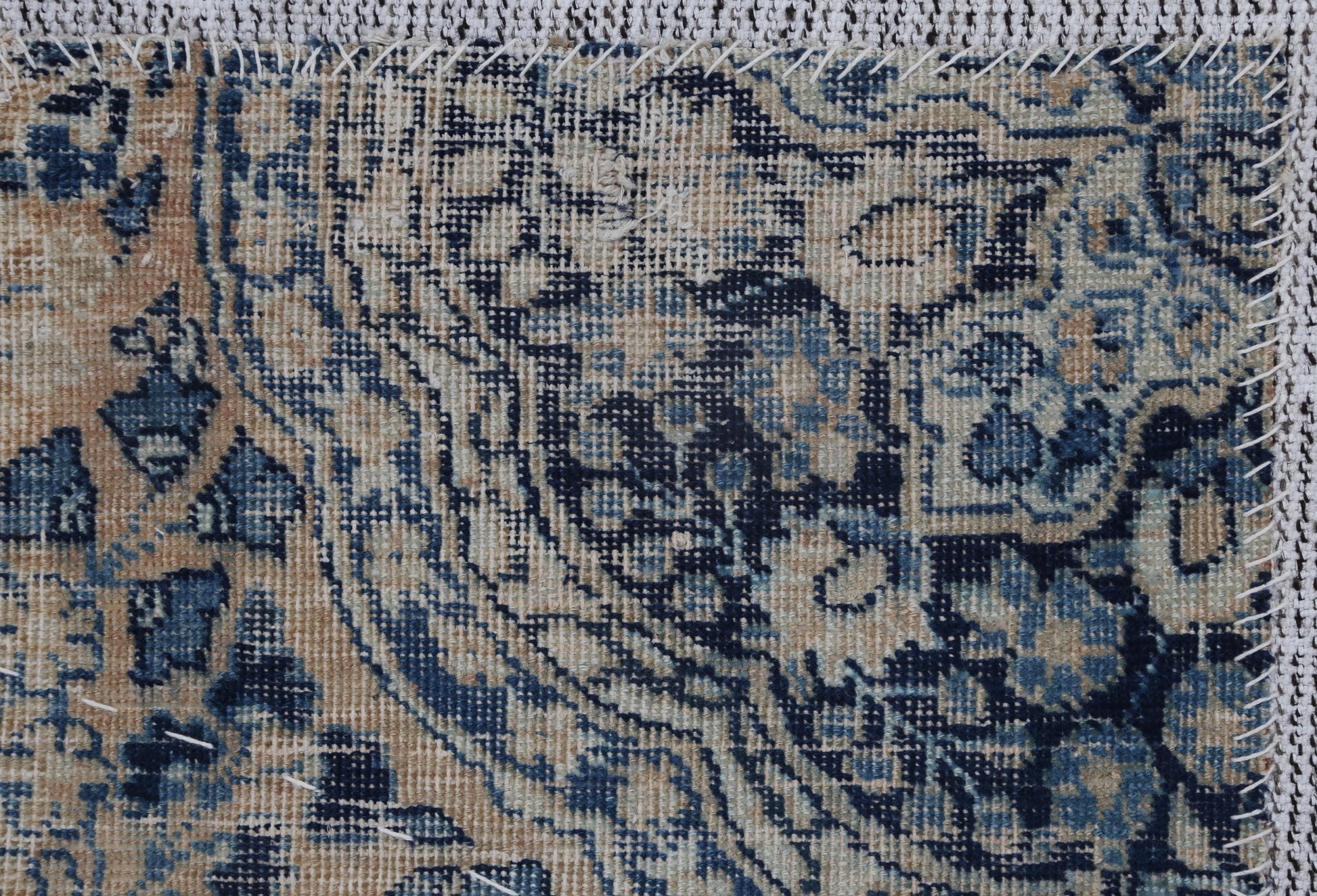 3x4 Vintage Turkish Tapestry Rug, Blue and Beige Floral Wall Hanging, Handmade Wool Cotton Textile Art
