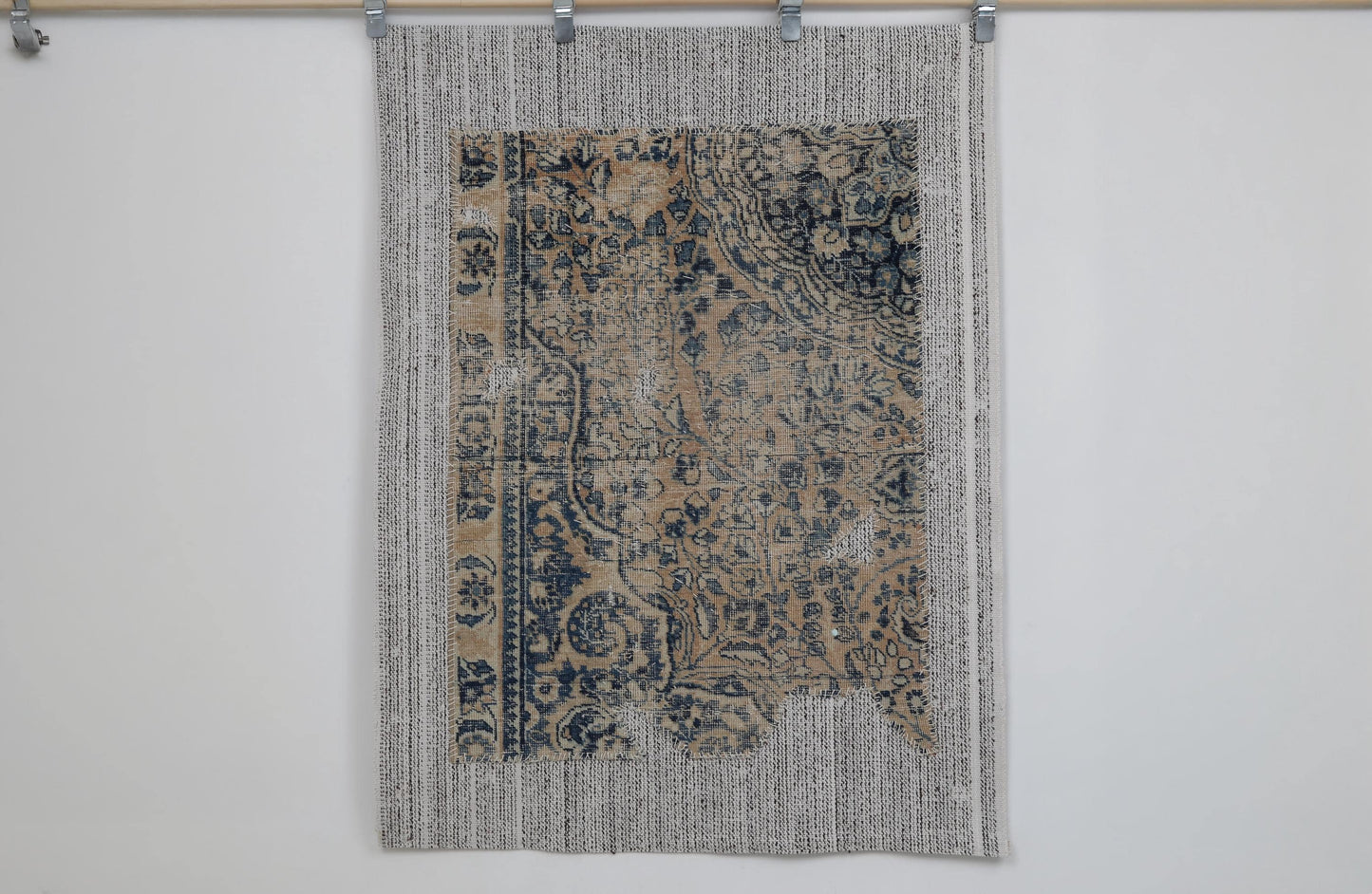 3x4 Vintage Turkish Tapestry Rug, Blue and Beige Floral Wall Hanging, Handmade Wool Cotton Textile Art