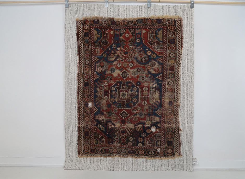 4x6 Antique Caucasian Tapestry Rug, Red Blue Tribal Wall Hanging, 100+ Year Old Wool Cotton Textile Art