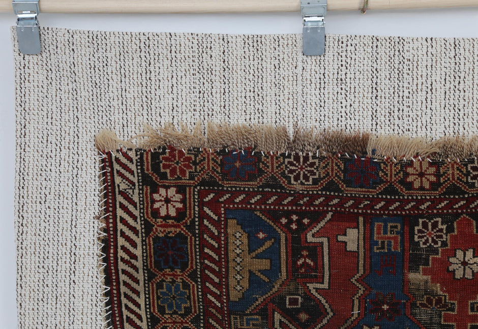 4x6 Antique Caucasian Tapestry Rug, Red Blue Tribal Wall Hanging, 100+ Year Old Wool Cotton Textile Art