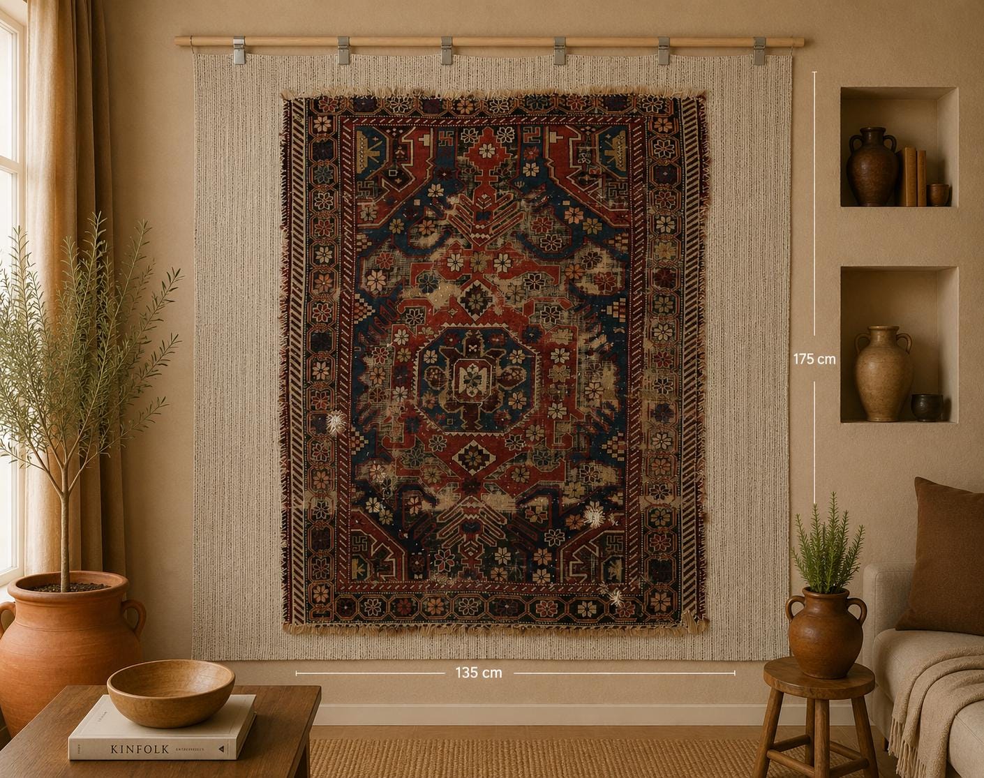 4x6 antique Caucasian tapestry rug, red blue tribal wall hanging