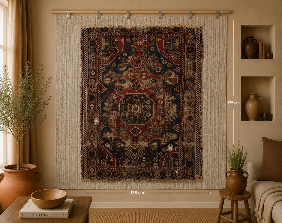 4x6 Antique Caucasian Tapestry Rug, Red Blue Tribal Wall Hanging, 100+ Year Old Wool Cotton Textile Art