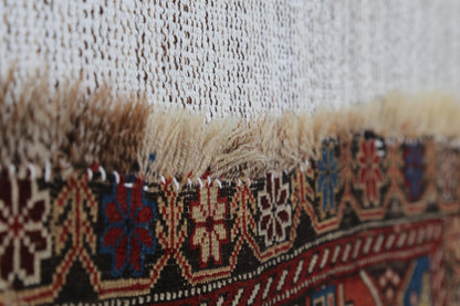4x6 Antique Caucasian Tapestry Rug, Red Blue Tribal Wall Hanging, 100+ Year Old Wool Cotton Textile Art