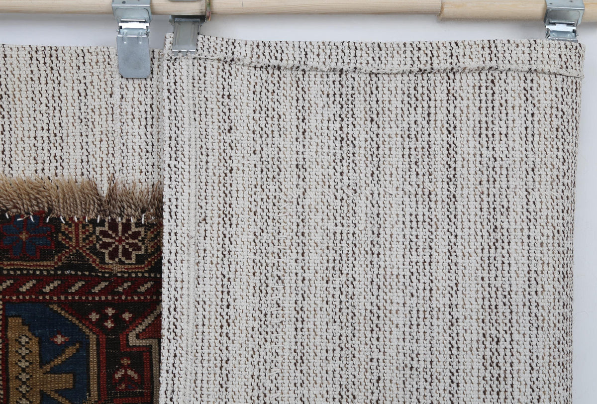 4x6 Antique Caucasian Tapestry Rug, Red Blue Tribal Wall Hanging, 100+ Year Old Wool Cotton Textile Art