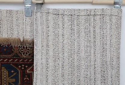 4x6 Antique Caucasian Tapestry Rug, Red Blue Tribal Wall Hanging, 100+ Year Old Wool Cotton Textile Art
