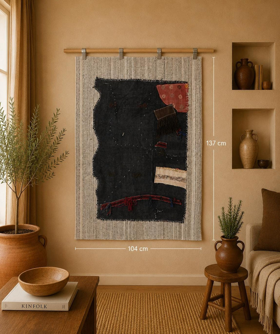 3x4 Vintage Hemp Tapestry Rug, Blue Textile Wall Hanging, Handmade Fiber Art Decor