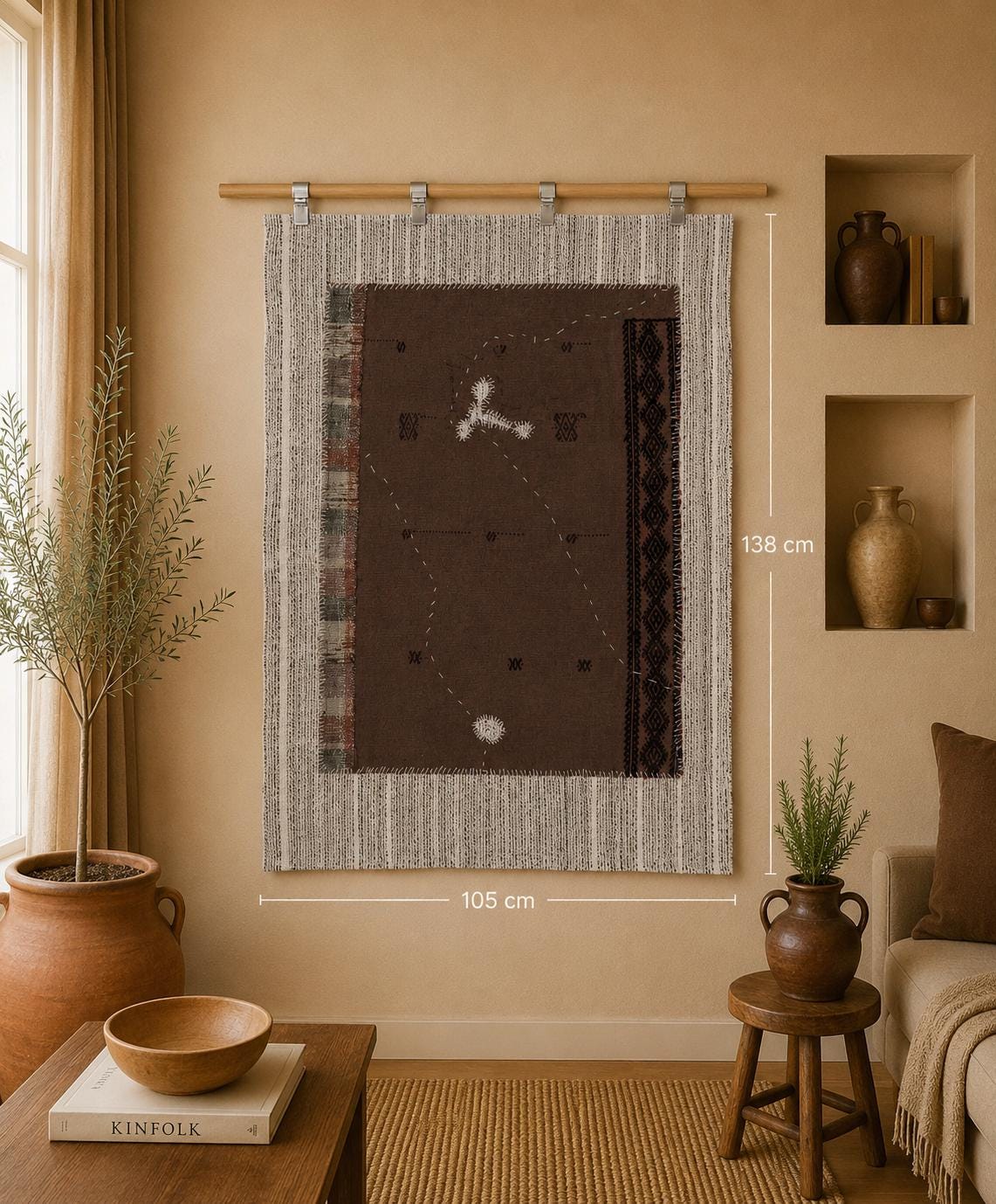 3x5 Vintage Turkish Tapestry Rug, Brown Tribal Wall Hanging, Handmade Wool Cotton Textile Art