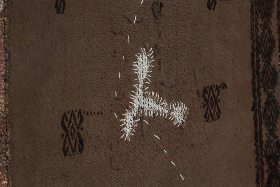 3x5 Vintage Turkish Tapestry Rug, Brown Tribal Wall Hanging, Handmade Wool Cotton Textile Art