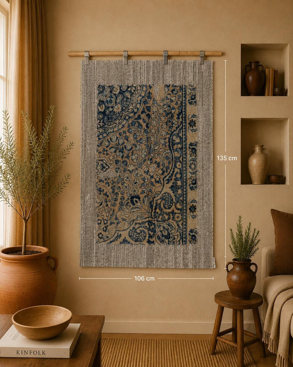 3x5 Vintage Turkish Tapestry Rug, Blue Beige Floral Wall Hanging, Handmade Wool Cotton Textile Art