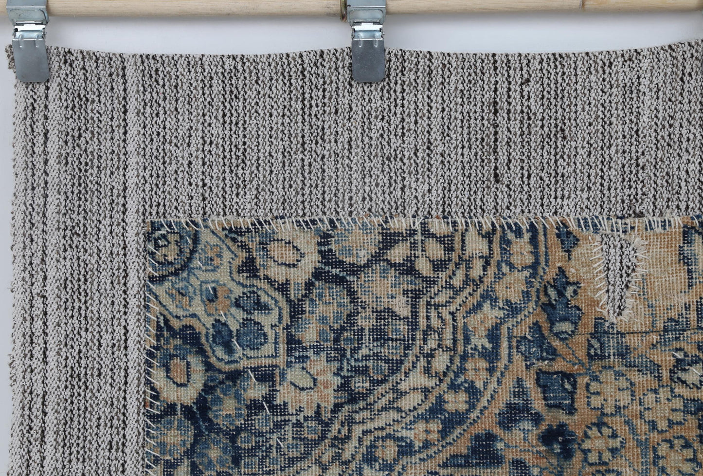 3x5 Vintage Turkish Tapestry Rug, Blue Beige Floral Wall Hanging, Handmade Wool Cotton Textile Art