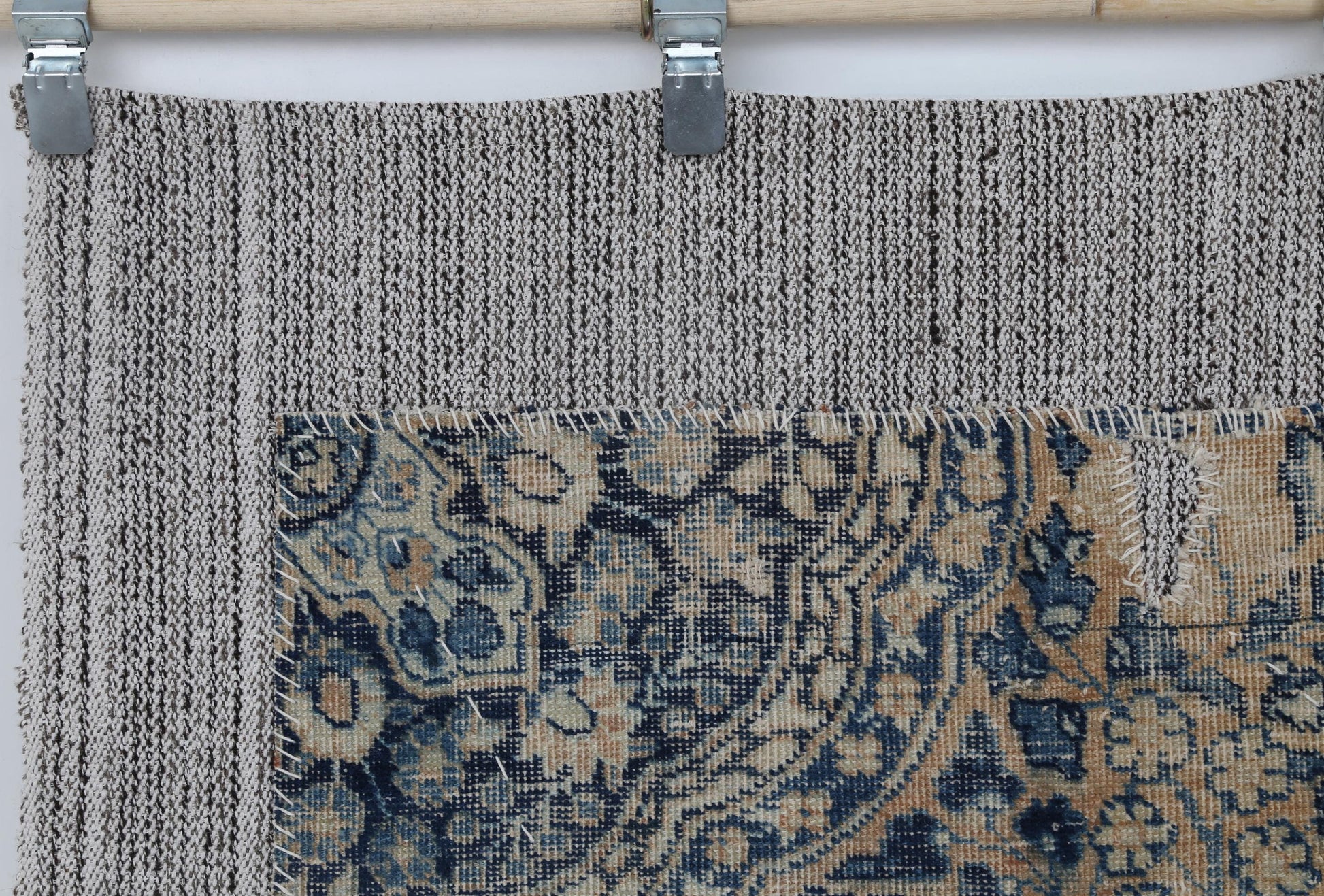 3x5 Vintage Turkish Tapestry Rug, Blue Beige Floral Wall Hanging, Handmade Wool Cotton Textile Art