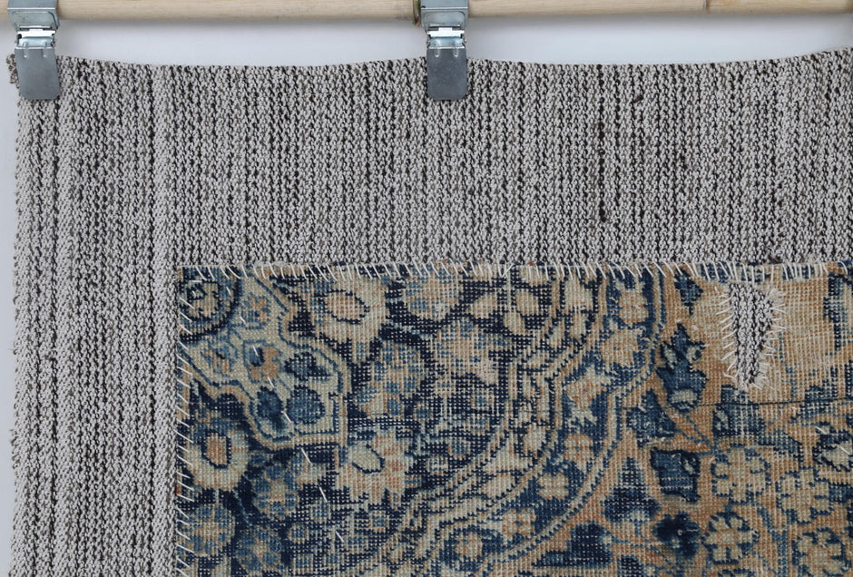 3x5 Vintage Turkish Tapestry Rug, Blue Beige Floral Wall Hanging, Handmade Wool Cotton Textile Art