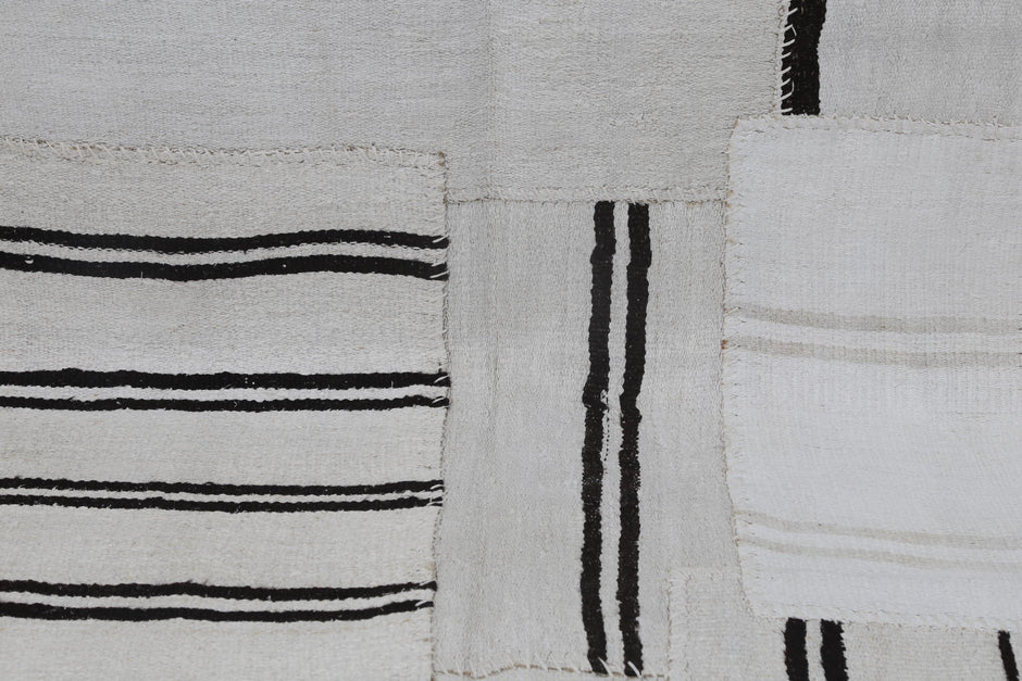 6x8 Vintage Hemp Patchwork Rug, White and Black Striped Handmade Area Rug, Minimalist Natural Fiber Turkish Floor Decor