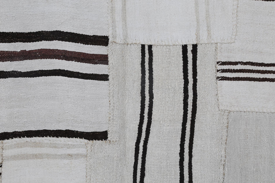 6x8 Vintage Hemp Patchwork Rug, White and Black Striped Handmade Area Rug, Minimalist Natural Fiber Turkish Floor Decor