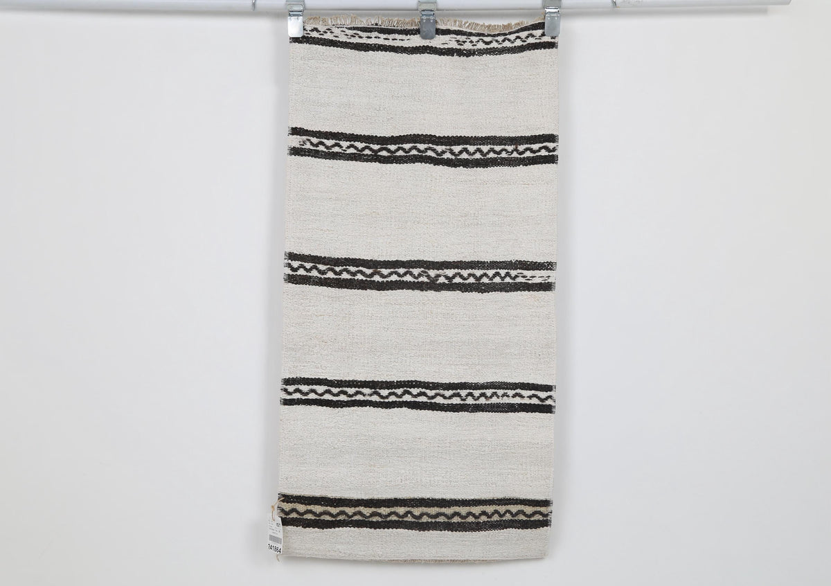 2x4 Vintage Hemp Runner Rug, White and Black Striped Turkish Rug, Handmade Minimalist Entryway Rug