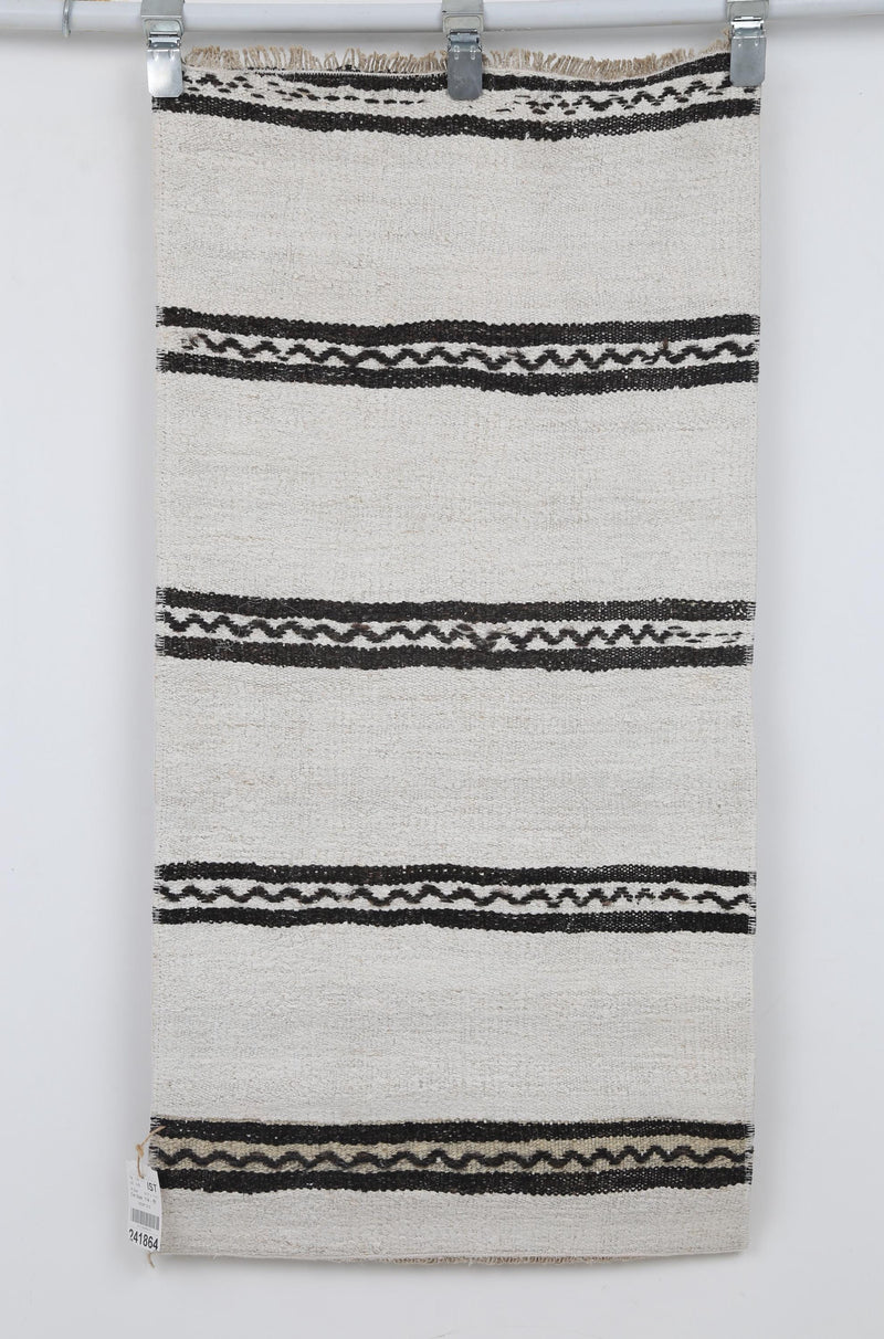 2x4 Vintage Hemp Runner Rug, White and Black Striped Turkish Rug, Handmade Minimalist Entryway Rug