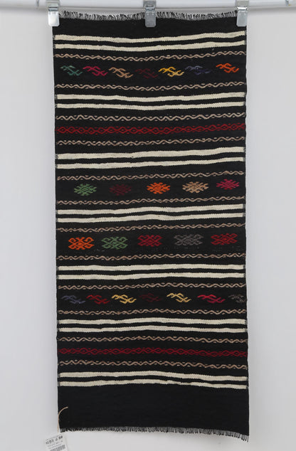 2x4 Vintage Turkish Kilim Doormat, Black Striped Wool Runner Rug, Handmade Entryway Accent Rug