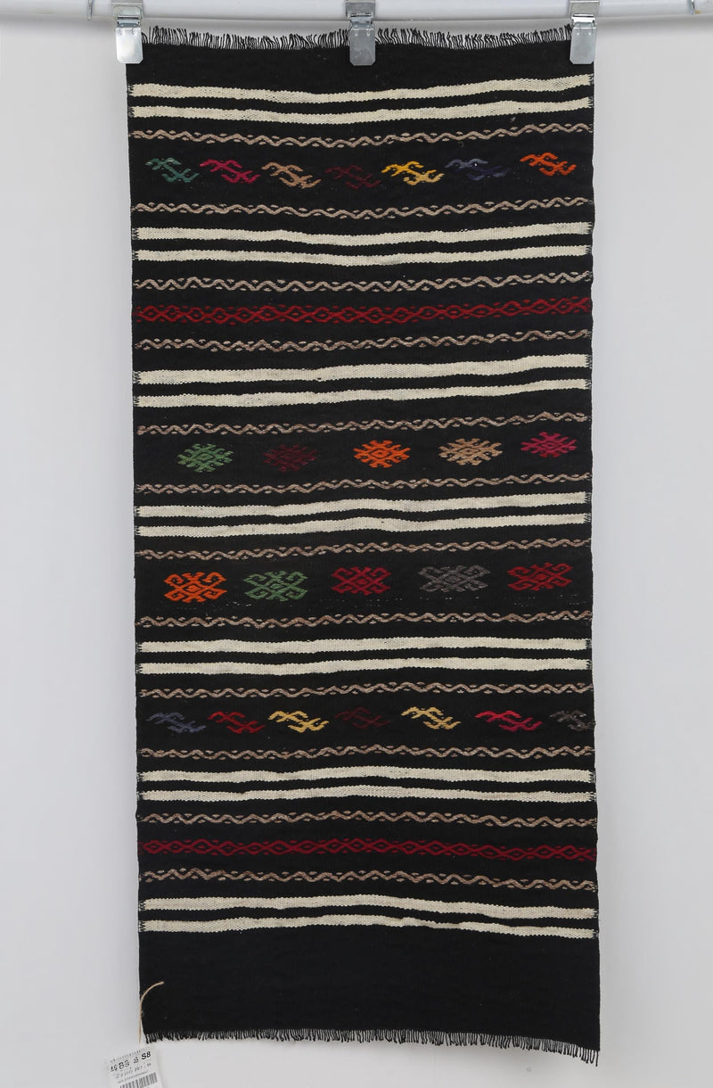 2x4 Vintage Turkish Kilim Doormat, Black Striped Wool Runner Rug, Handmade Entryway Accent Rug