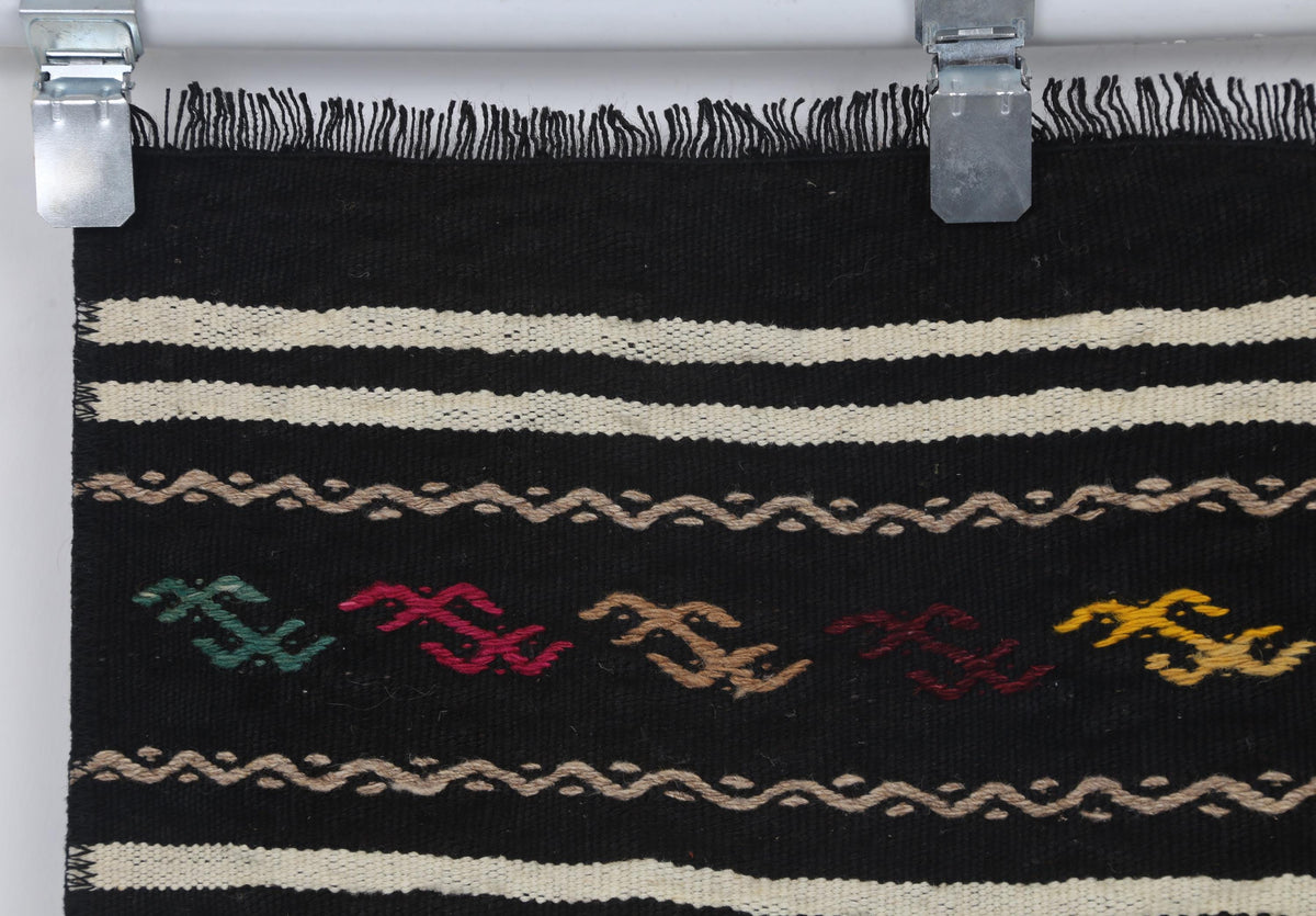 2x4 Vintage Turkish Kilim Doormat, Black Striped Wool Runner Rug, Handmade Entryway Accent Rug