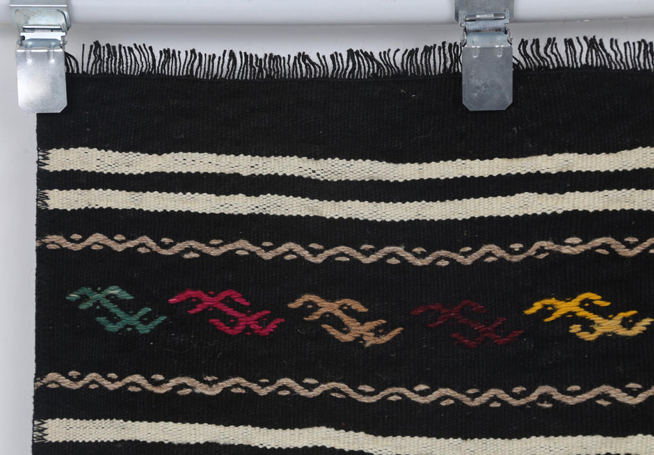 2x4 Vintage Turkish Kilim Doormat, Black Striped Wool Runner Rug, Handmade Entryway Accent Rug