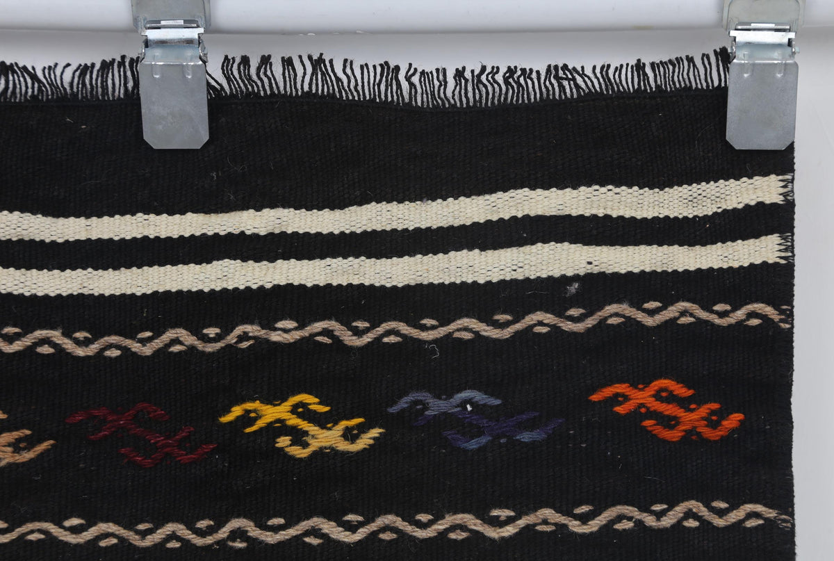 2x4 Vintage Turkish Kilim Doormat, Black Striped Wool Runner Rug, Handmade Entryway Accent Rug