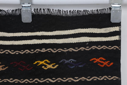 2x4 Vintage Turkish Kilim Doormat, Black Striped Wool Runner Rug, Handmade Entryway Accent Rug