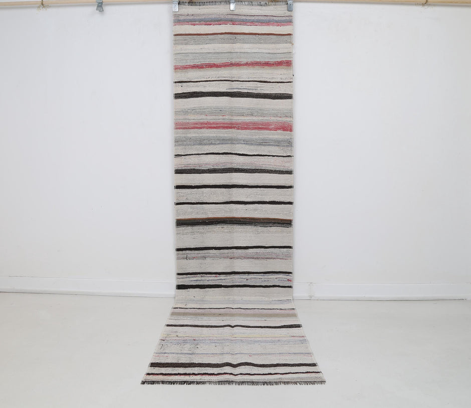 3x9 Vintage Turkish Kilim Runner Rug, Multicolor Striped Flatweave Hallway Rug, Handmade Wool Cotton Decor