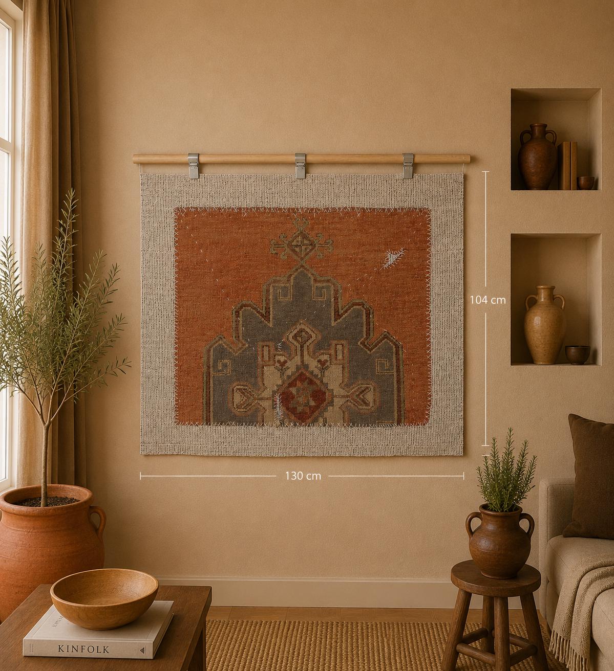 3x4 Vintage Turkish Tapestry Rug, Orange Tribal Wall Hanging, Handmade Wool Cotton Textile Art