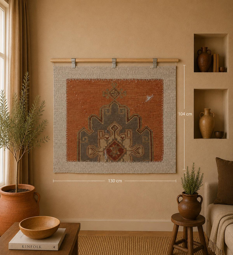 3x4 Vintage Turkish Tapestry Rug, Orange Tribal Wall Hanging, Handmade Wool Cotton Textile Art