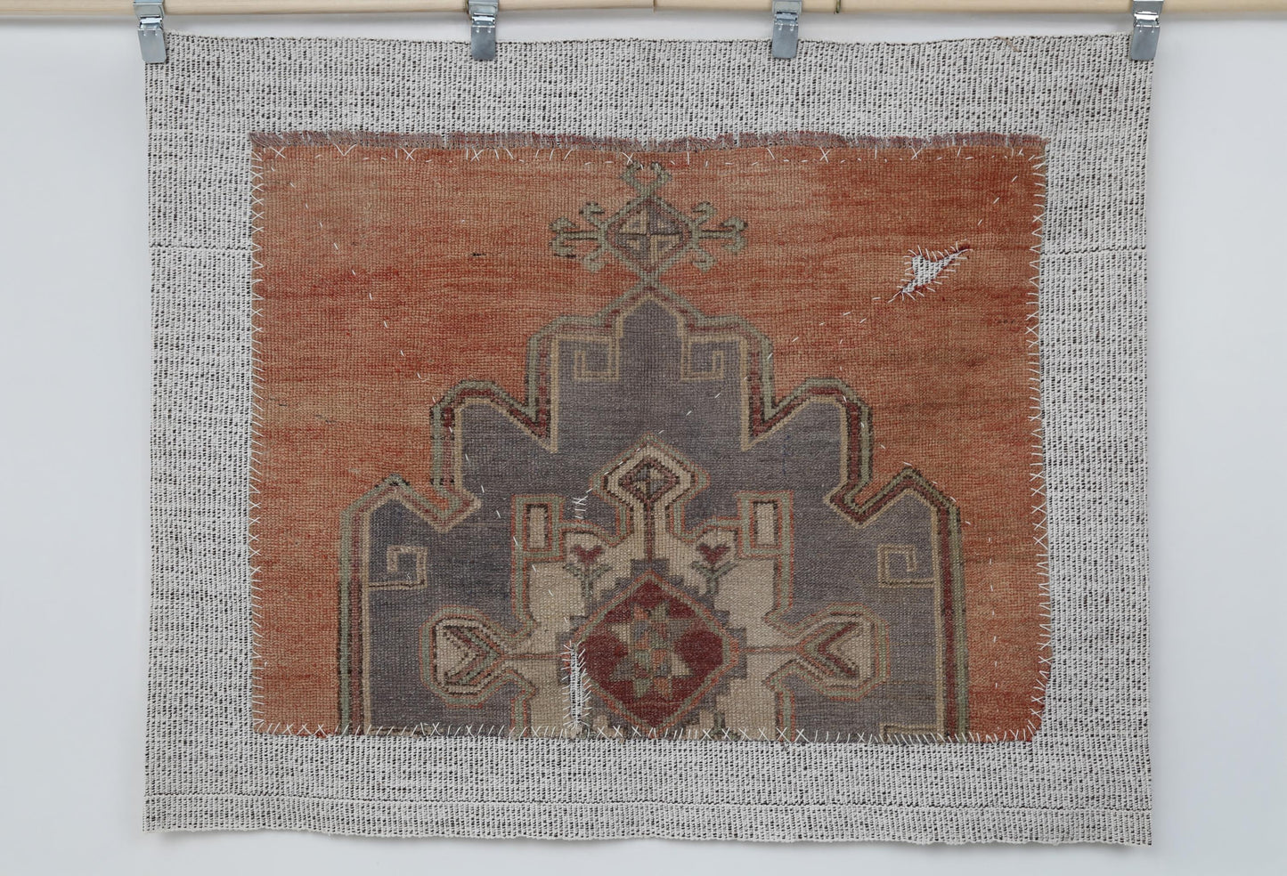 3x4 Vintage Turkish Tapestry Rug, Orange Tribal Wall Hanging, Handmade Wool Cotton Textile Art