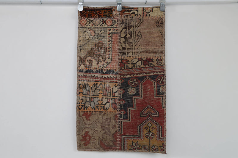 2x4 Vintage Turkish Patchwork Rug, Multicolor Wool Cotton Accent Rug, Handmade Small Area Rug