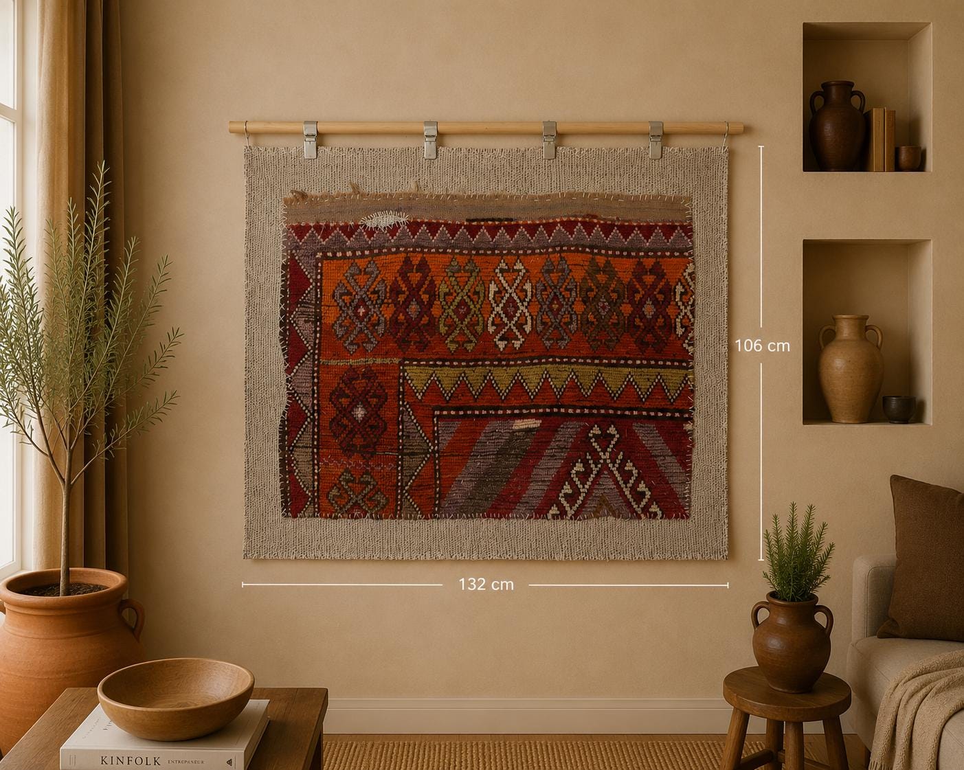 3x4 Vintage Turkish Tapestry Rug, Red Orange Tribal Wall Hanging, Handmade Wool Cotton Textile Art