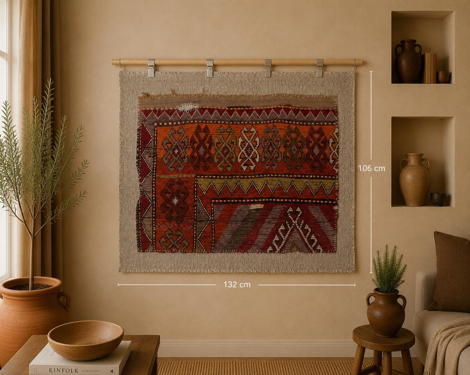 3x4 Vintage Turkish Tapestry Rug, Red Orange Tribal Wall Hanging, Handmade Wool Cotton Textile Art