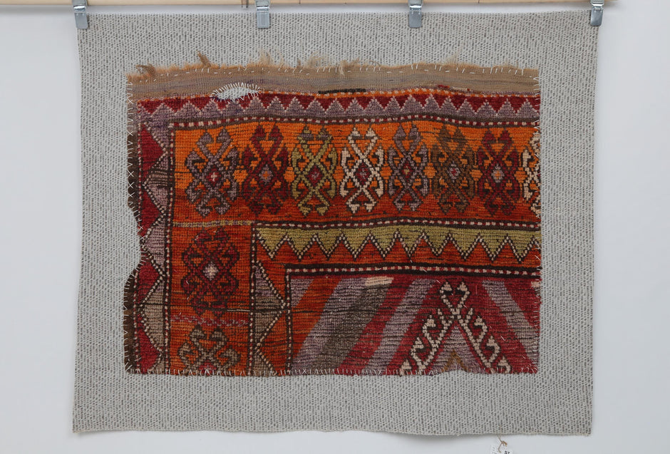 3x4 Vintage Turkish Tapestry Rug, Red Orange Tribal Wall Hanging, Handmade Wool Cotton Textile Art