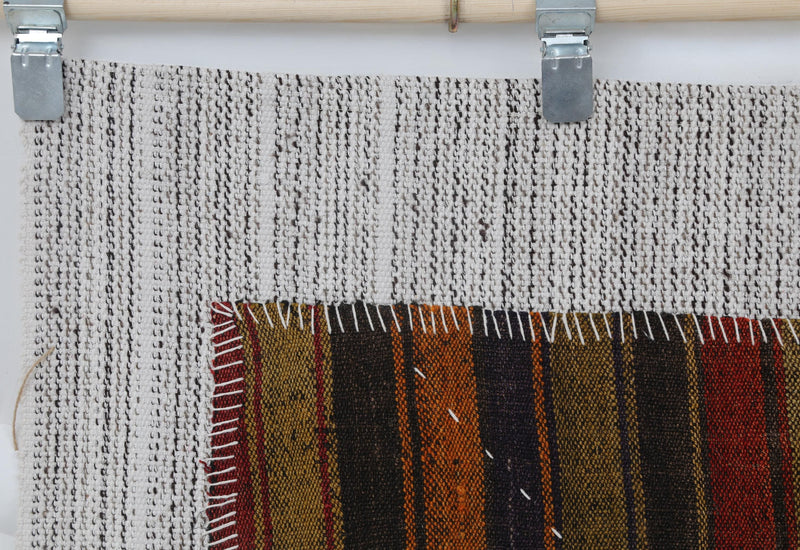 Vintage Turkish Tapestry Rug, Red Black Striped Wall Hanging (3'4" x 4'4")