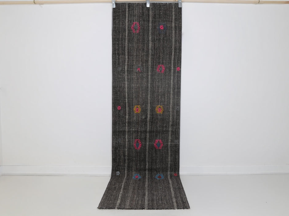 2x8 Vintage Flatweave Runner Rug, Black Brown Striped Turkish Kilim, Handmade Wool Cotton Hallway Rug