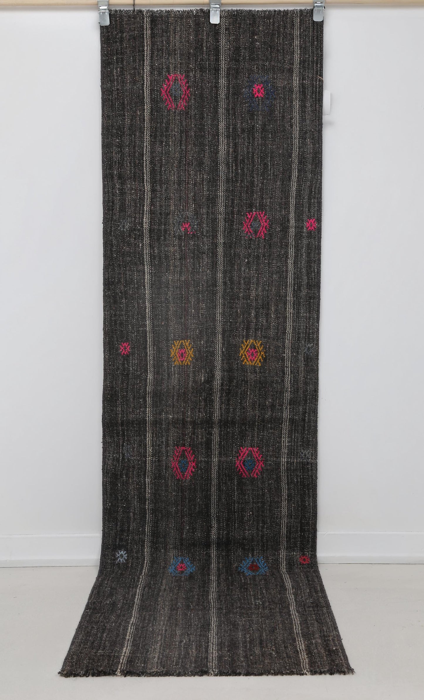 2x8 Vintage Flatweave Runner Rug, Black Brown Striped Turkish Kilim, Handmade Wool Cotton Hallway Rug