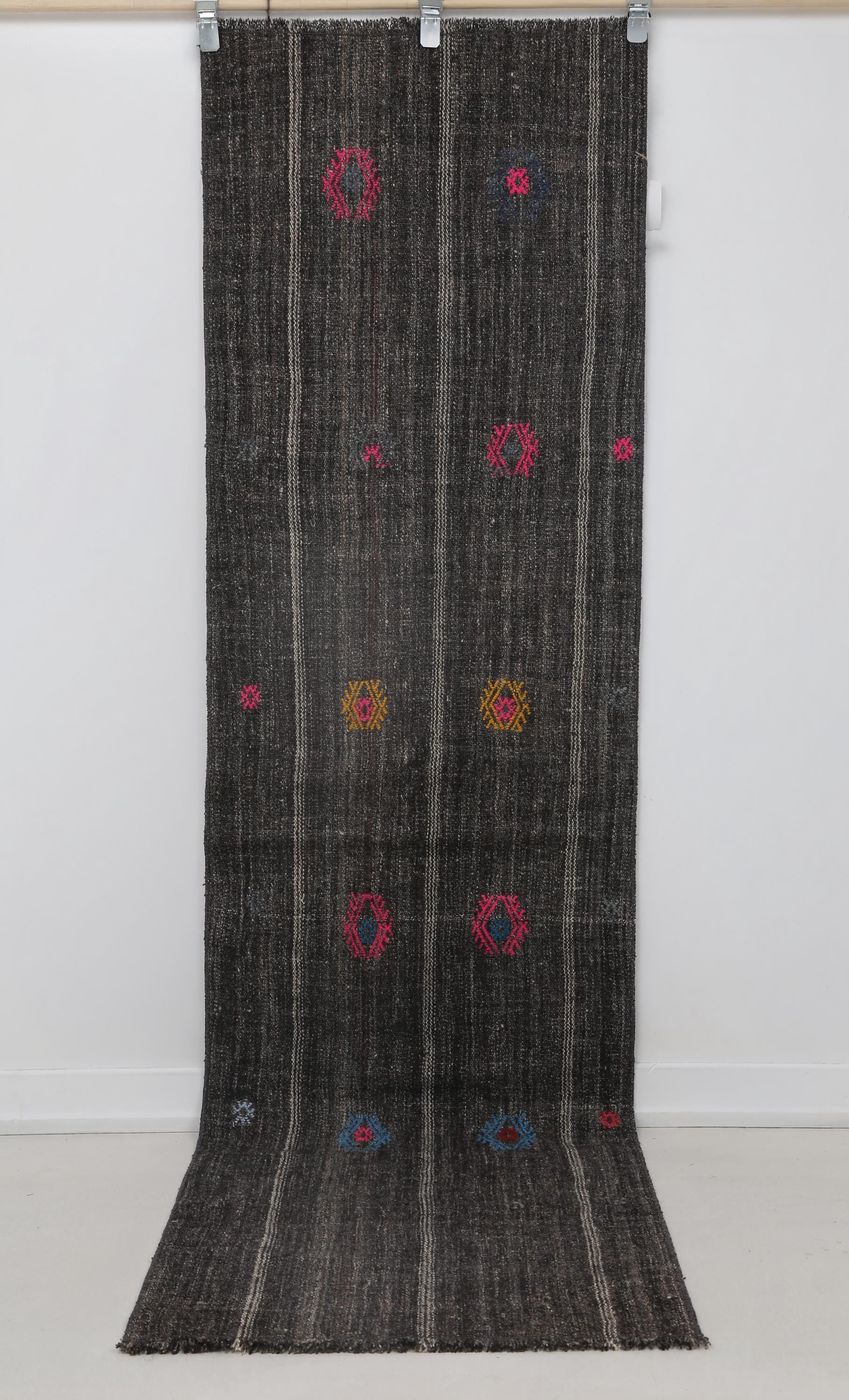 2x8 Vintage Flatweave Runner Rug, Black Brown Striped Turkish Kilim, Handmade Wool Cotton Hallway Rug