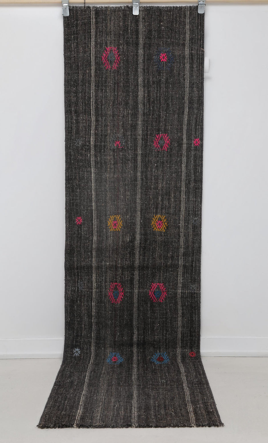 2x8 Vintage Flatweave Runner Rug, Black Brown Striped Turkish Kilim, Handmade Wool Cotton Hallway Rug