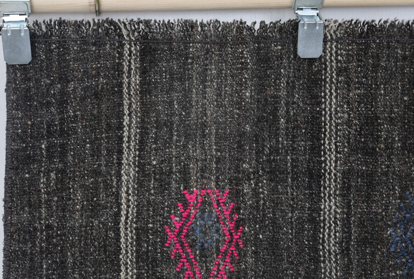 2x8 Vintage Flatweave Runner Rug, Black Brown Striped Turkish Kilim, Handmade Wool Cotton Hallway Rug