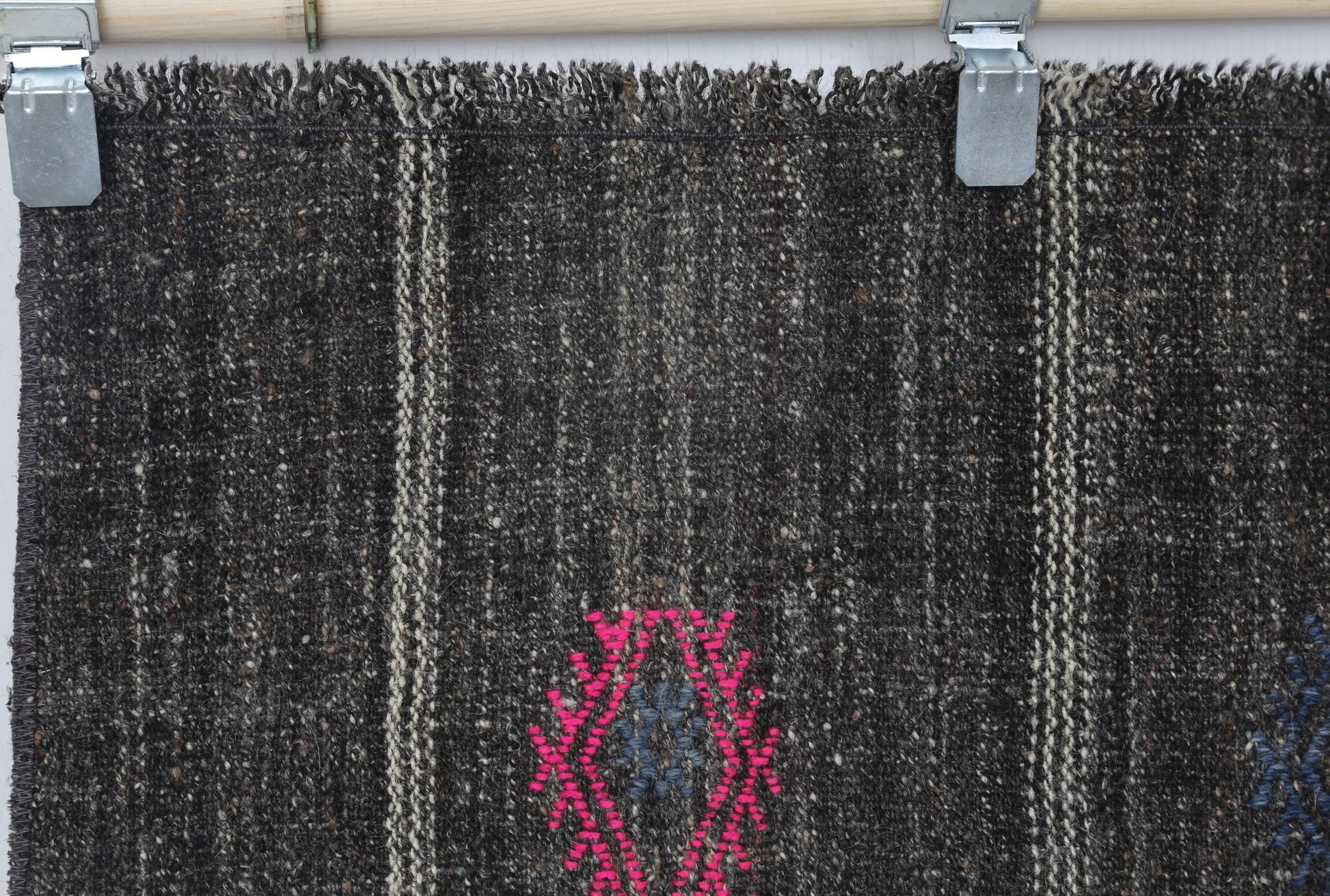 2x8 Vintage Flatweave Runner Rug, Black Brown Striped Turkish Kilim, Handmade Wool Cotton Hallway Rug