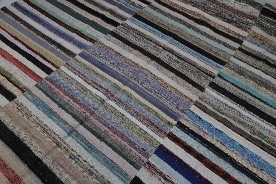 9x12 Vintage Turkish Kilim Caput Rug, Multicolor Striped Flatweave Area Rug, Handmade Cotton Wool Large Floor Carpet